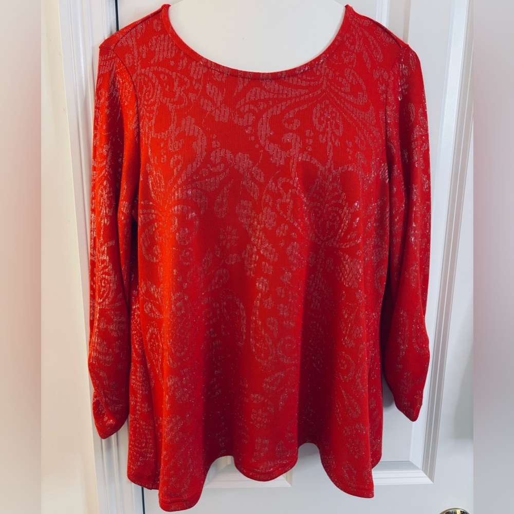 Ransom Top Red Blouse knit silver metallic print 3/4 ruched sleeve XL casual fun